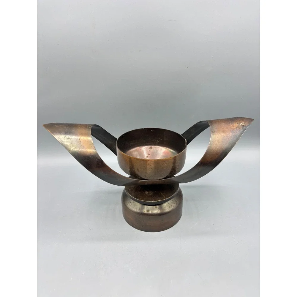 Vtg Mid Century Modern Copper Brass Tone Metal Candle Holder Sculpture Art Decor